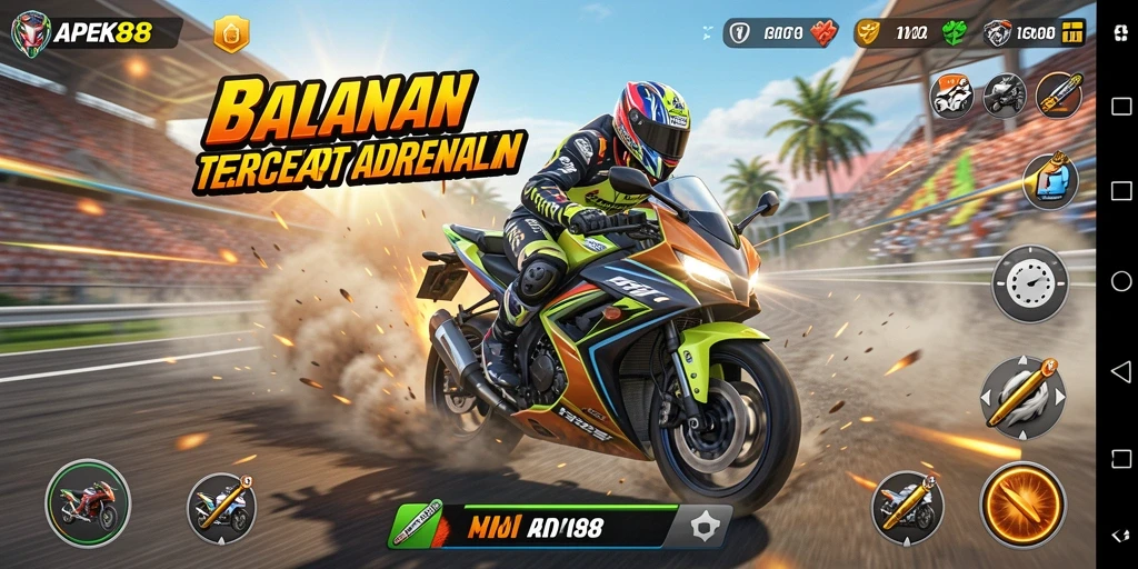 Screenshot gameplay APEK88 dengan adegan balapan motor yang menegangkan.