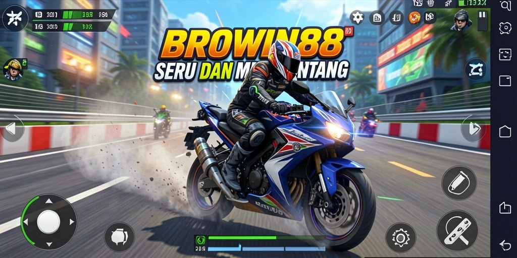 Screenshot gameplay BROWIN88 menampilkan aksi balapan motor yang seru.