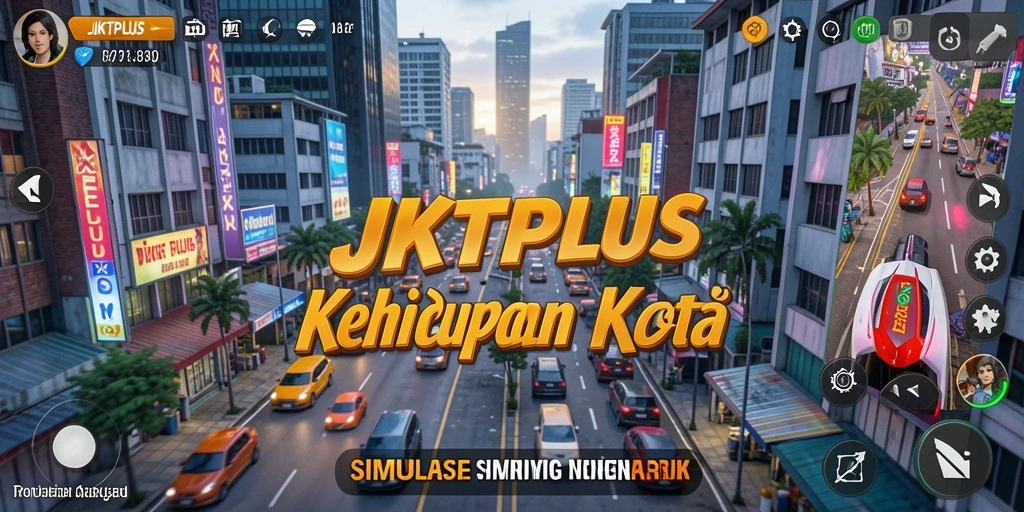 Screenshot JKTPLUS menampilkan gameplay simulasi kehidupan kota yang dinamis.