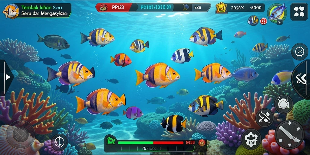 Gambar menampilkan gameplay seru di PP123, saat pemain menembak ikan.