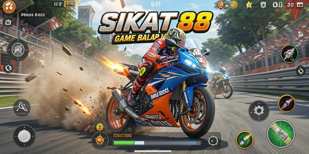 Tampilan gameplay seru dari SIKAT88 yang menggambarkan balapan motor.