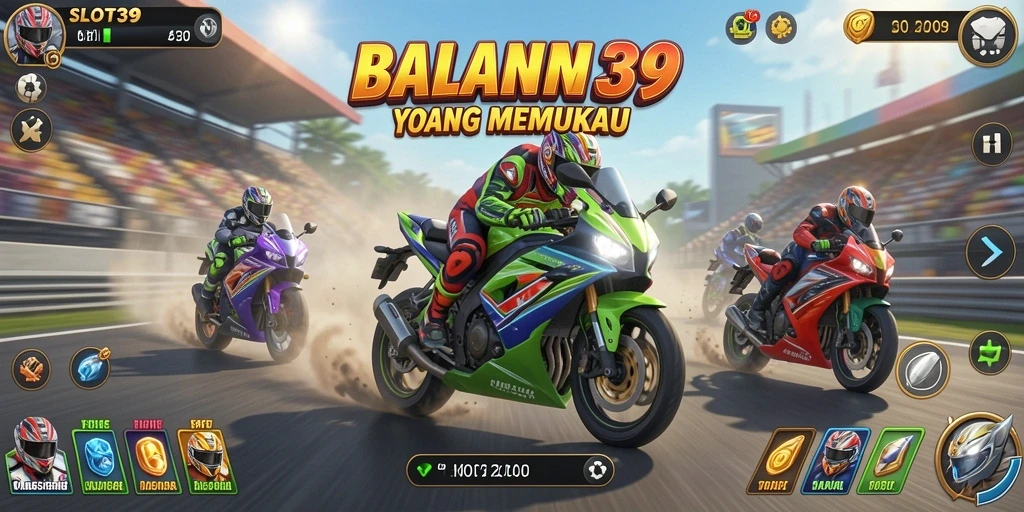 Screenshot utama SLOT39 menampilkan aksi balapan motor yang seru.